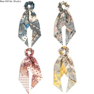 Ethnic-Patterned Ribbon-Style Hair Tie — Korean Retro Floral Bow Scrunchie for a Fresh, Sweet, and Elegant Look (Ideal for Ponytails)