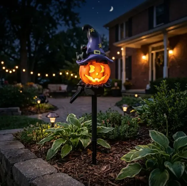 Solar Wizard Pumpkin Garden Light - LED Halloween Pathway Lamp, Pastoral Outdoor Lawn Statue for Festive Yd Displays & Decorative Ornament