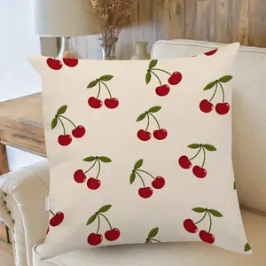 1pc Cherry & Bow Print Square Pillow Cover - Contemporary Style Red Cherries & Green Leaves Design, Durable Polyester with Zipper Closure, Machine Washable for Living Room, Bedroom, Car Decor, Decorative Pillow Covers, Bedroom Accent, Easycare Fabric, Hom