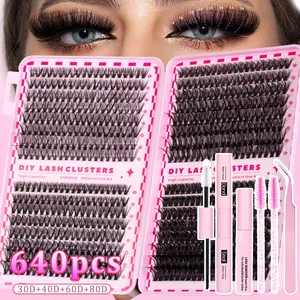 Lash Clusters Kit, Eyelash Extensions Set, 640 Pcs Eyelashes Clusters Extensions Kit 9-16mm Individual Lashes D Curl Wispy False Eyelashes Thin Band, with Bond Seal Remove Tweezers Brush DIY Eyelash Tools Eyelash Bond Glue 9-16mm