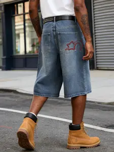 Men's Street Style Denim Loose Fit Vintage Embroidered Pocket Shorts, Floral Pattern, Comfortable and Stylish, Perfect for Casual Wear