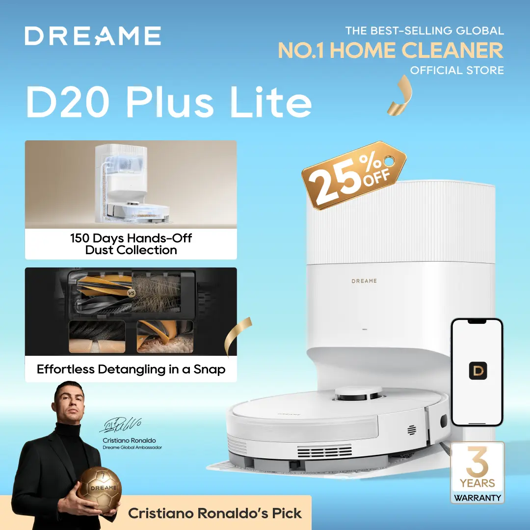 DREAME D20 Plus Lite/D20 Air Plus Lite Robot Vacuum and Mop Combo, 12000Pa Suction, Anti-Tangle Tech, Auto-Empty Dock with Automatic Dirt Disposal, Deep Carpet Cleaning, Smart Navigation, Black