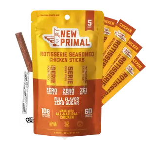 New Primal Rotisserie Seasoned Chicken Sticks, All-Natural Chicken, High Protein, Zero Sugar, Keto Whole30 Paleo (5 Sticks)