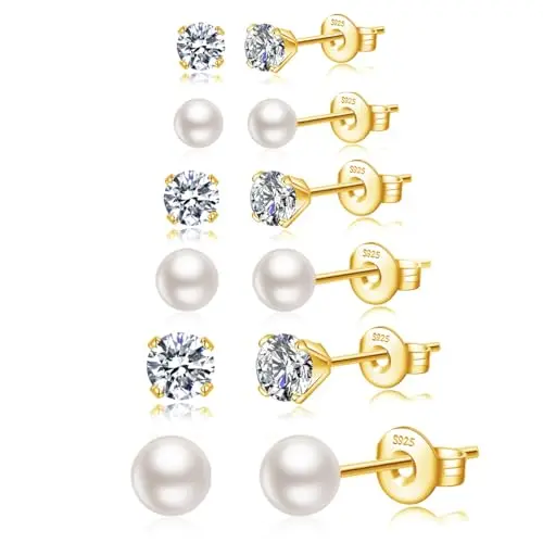 6Pairs Pearl+CZ Gold