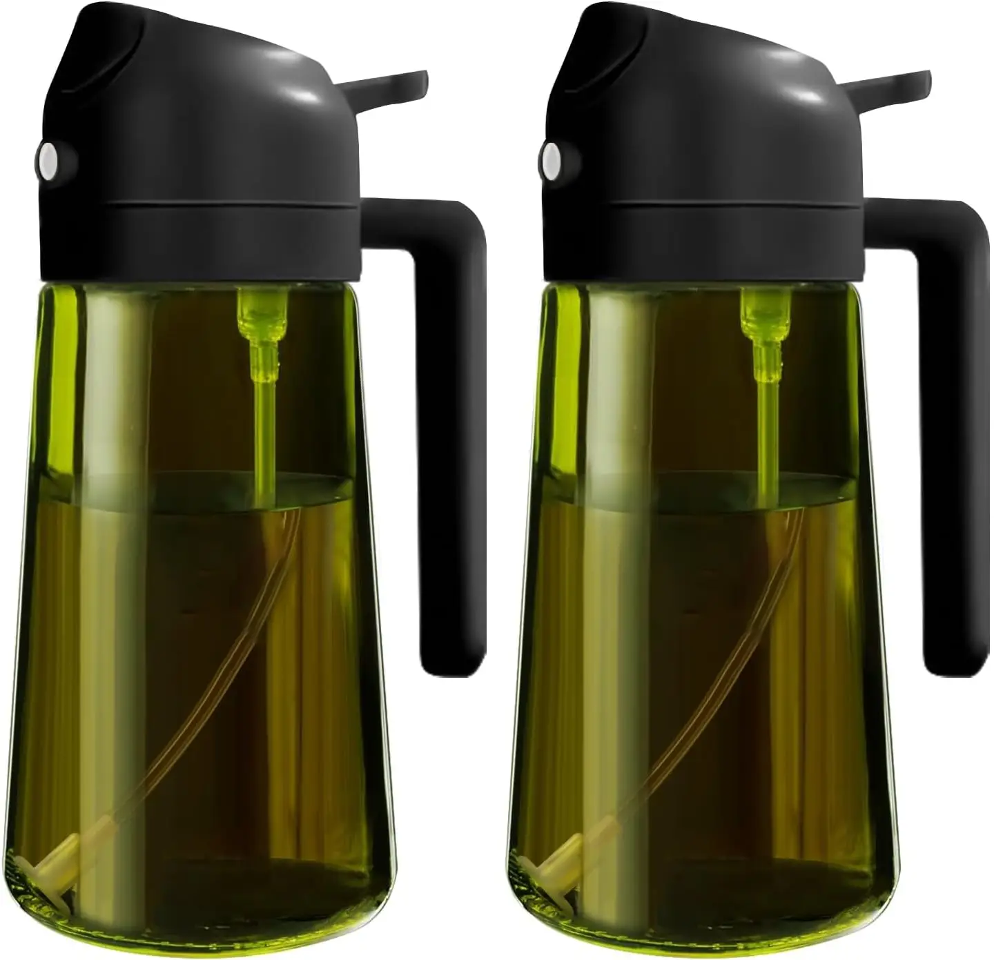 2 Count 2 in 1 Oil Sprayer for Cooking 16oz/470ml Light-Blocking Dark , Olive Oil Dispenser Bottle for Kitchen, Premium Dark Green Glass Oil Bottle,
