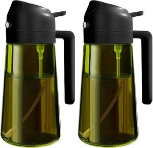 2 count 2 in 1  oil sprayer for cooking 16oz/470ml light-blocking dark , olive oil dispenser bottle for kitchen, premium dark green glass oil bottle, food-grade oil mister for air fryer, bbq