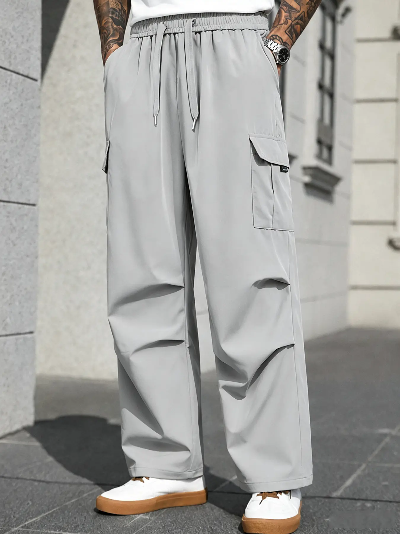 Men's Wide Leg Cargo Pants with Cinch Ankle  Drawstring Waist Parachute Style for Streetwear & Back to School