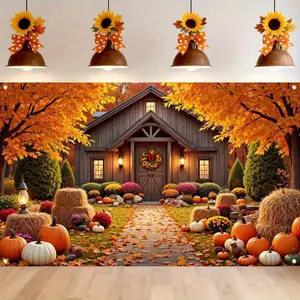 2D Flat, 1pc Welcome Autumn Banner- Cozy Farmhouse Design with Wooden Details& Flower Accents, Perfect for Thanksgiving& Harvest Celebrations, 59x94.4 Inches, Polyester Material, Fall Decorations