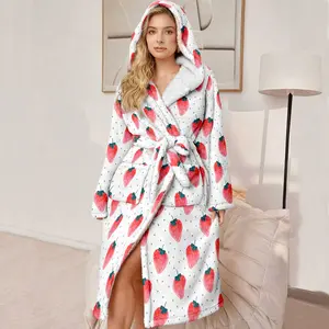 Plus Size Women's Hooded Luxury Bathrobe, Ultra Comfortable Plush Robe with Belt and Pockets, Strawberry Pattern, Winter Gift for Mom and Wife