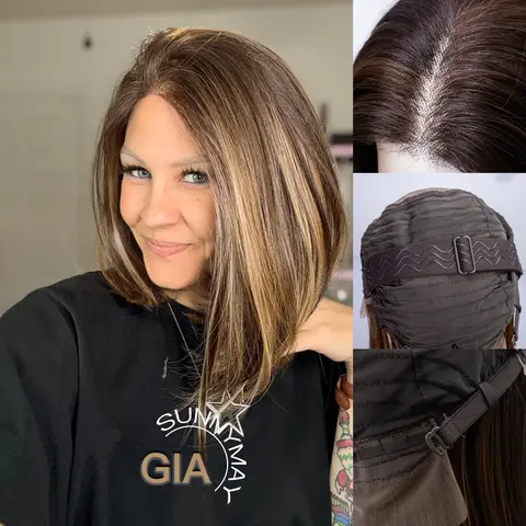 GIA Sunnymay "Mocha Melt" Women’s Soft Layered Synthetic Glueless Frontal Wig, 13x6 Lace, 120% Density, High-Definition Melted Lace, Heat Resistant Fiber, Natural Drape Highlight Bob, Natural Hairline, Easy for Commuter Looks, Gift for Girls