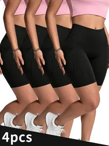 EBIOSVE Women's 4-Pack High Waisted Biker Shorts, Silky Soft 4-Way Stretch Sporty Sports Shorts with Pockets, No Show Booty Lifting for Running & Cycling