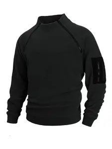 Men's Tactical Fleece Pullover, Long Sleeve Raglan Style, Zip Pocket and Velcro Patch, Men's Fashion Sweatshirt, Comfortable and Stylish