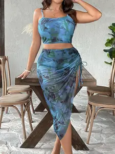 【Plus Size】 Three-Piece Set Tie Dye Print Swimsuit Set, Detachable Strap Crop Cami Top & High Waist Swim Bottom & Ruched Drawstring Sheer Cover Up Skirt Set, Bikini Sets, Women's Plus Size Swimwear Set for Beach, Ruched Swim Suits