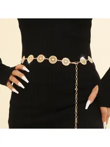 Cross-border hot European and American round hollow metal plate women's waist chain fashionable simple dress accessories waist decoration Sparkling western belt Bling western belt