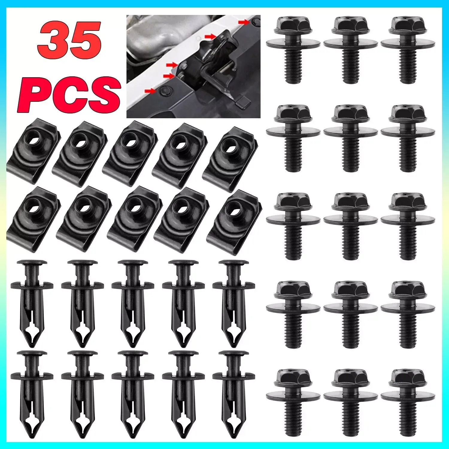Heavy-Duty 35PCS Auto Fastener Assortment, Vibration Resistant M6 Bolts, U-Nuts and Push Clips, Anti-Oxidation Hardware for Underbody Splash Shield & Engine Cover Repairs