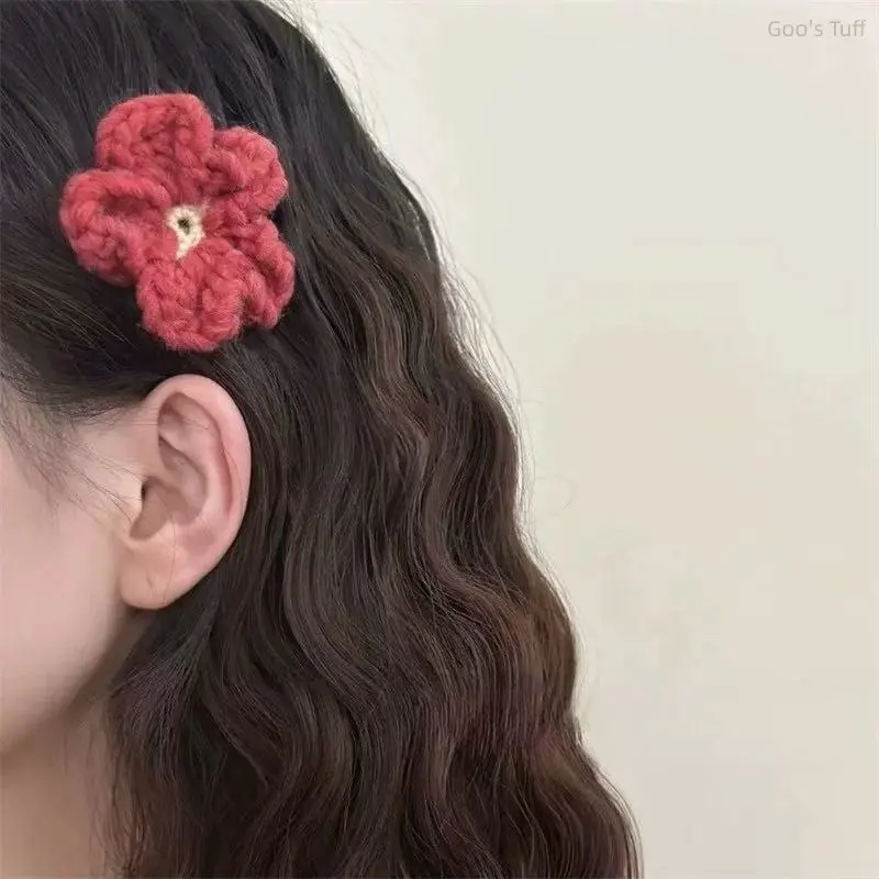 Women's Blue Knitted Yarn Flower Side Hair Clips - Elegant Spring Barrettes, Premium Bangs Pins for Daily Casual & Party Fashion Hair Accessories (New Arrival)