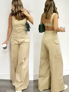 New Women's Backless Overalls Jumpsuit, High-Waisted Wide-Leg Workwear Casual Style, Slimming One-Piece Pants, Fashionable and Comfortable