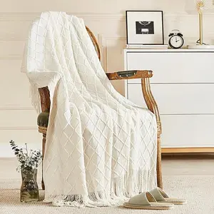 Knitted Throw Blanket for Couch and Bed, Soft Living Room Home Decor Knitted Blanket with Tassel, Outdoor Lightweight Breathable Summer Blanket, Farmhouse Warm Woven Decorative, 50"x60"