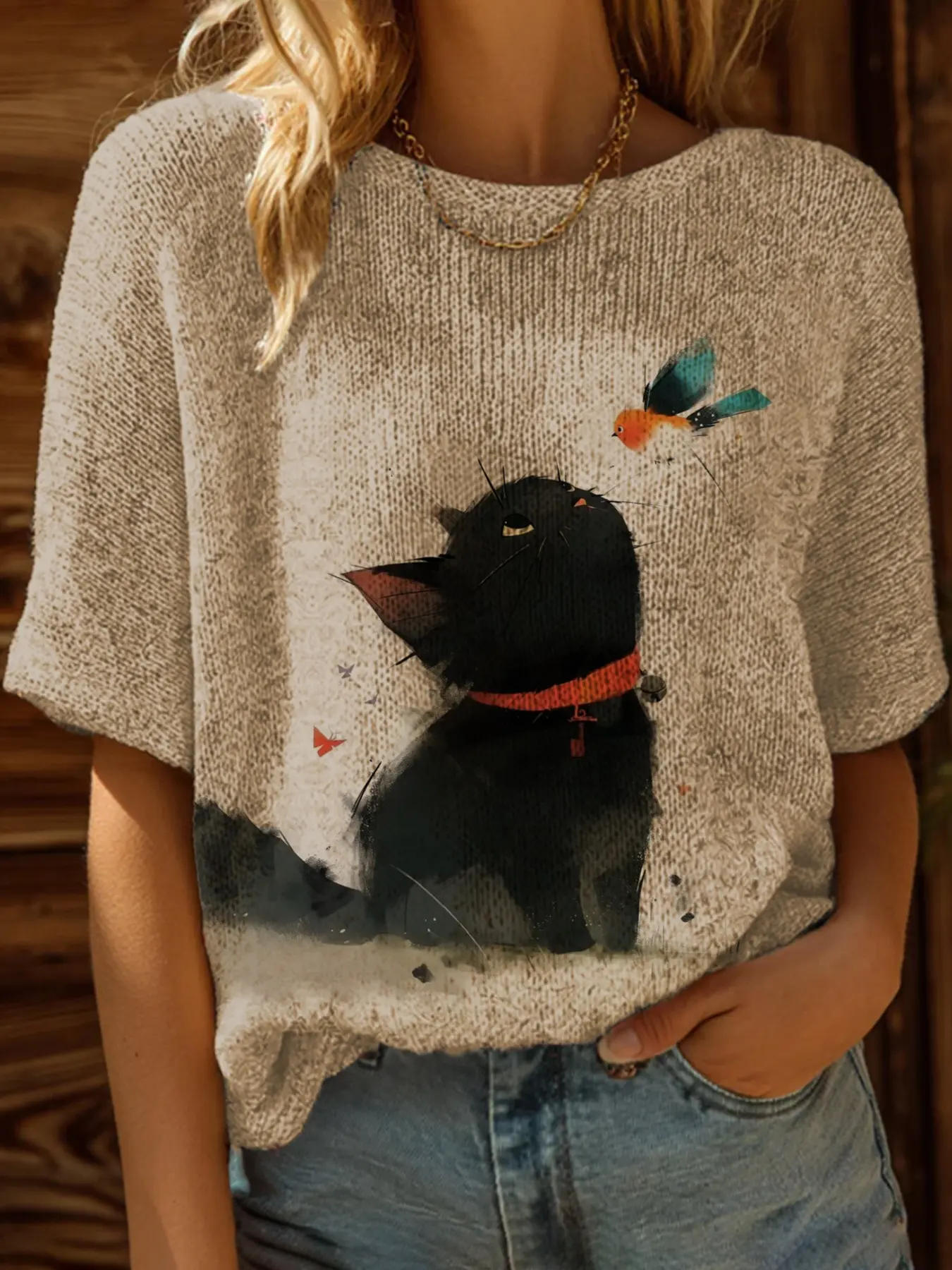 Spring Summer Knit Top, One Shoulder Straps, Colorblock Cat Cartoon Print Short Sleeve, Fitted Casual Elegant Chic Commute Wear, Boho Beach Style, Bohemian, Womenswear, Knitwear, Knitting, Knit Clothes