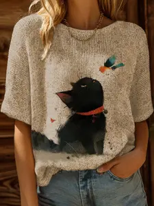 Spring Summer Knit Top, One Shoulder Straps, Colorblock Cat Cartoon Print Short Sleeve, Fitted Casual Elegant Chic Commute Wear, Boho Beach Style