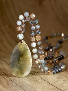 Water Drop Shape Nature Labradorite  Necklace Handmade Knot Natural Stone Long Necklace Super Shiny Multi-Faceted Glass Beads Pendant Chain