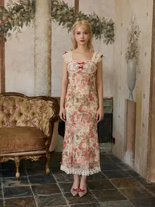 Romantic Cottage Corset Dress-Summer Women Dress lace Pin floral print Casual Womenswear Sleeveless Maxi Wedding Date Birthday Ladies Clothes Fit Soft