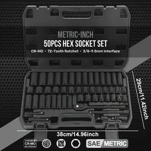 50pcs Impact Socket Set with Ratchet Handle 3/8" Drive Common Metric 8-22Mm & Imperial 5/16-3/4" CR-V Steel Adapter Included  6 Point Cr-V Alloy Steel for Auto Repair, RuggedConstruction, Easy-to-Read SizeMarkings, Storage Case Heavy Duty