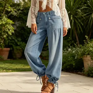 Womens Casual Loose Jeans Mid Rise Straight Leg Pants Adjustable Cinch Hem 2026 New Vintage Washed Cargo Denim Joggers Baggy Trousers Flattering Versatile Streetwear Everyday Commute Comfortable Breathable Y2K Relaxed Fit Pants