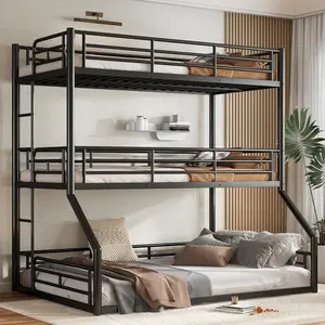 Twin Over Twin Over Full Triple Bunk Bed, Modern Heavy Duty Tripe Bunk Beds with Guardrail & Ladder, Noise-Reduced Design, Floor Triple Bunk Bed for 3, Black