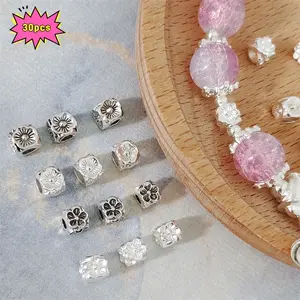 30pcs Alloy Silver Color Spacer Beads Floral Pattern Barrel Beads DIY Handmade Jewelry Making Supplies Bracelet Accessories