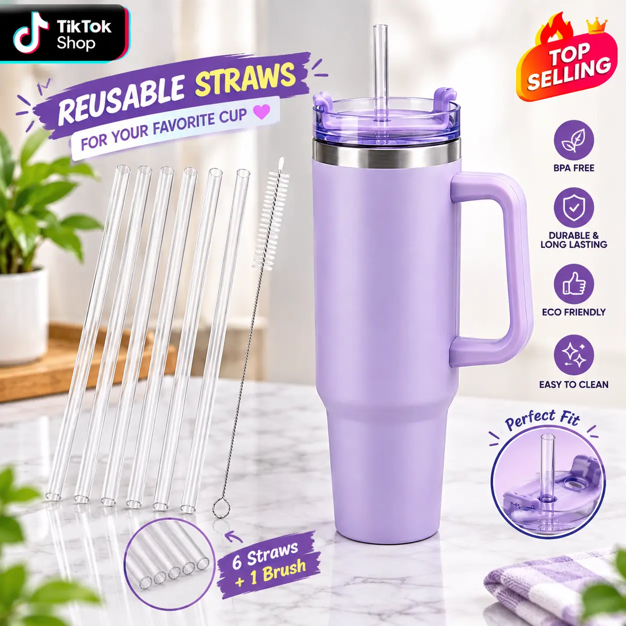 Reusable Plastic Replacement Straws, 6-Pack Clear Straws Compatible with 30 oz-40 oz Tumblers with Handles, Includes Cleaning Brush