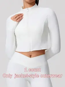 Women's Sporty Long Sleeve Zipper Jacket, Quick-Dry Yoga Top, High Neck Design, Thumb Loop Cuffs, Polyester Spandex Fabric, Athletic Jackets, Gym Jacket