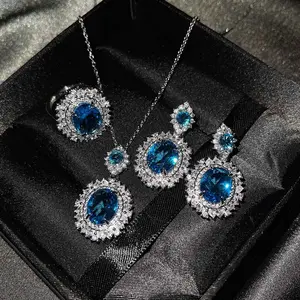 European and American New Luxury Gemstone Set Inlaid with Blue and Yellow Zircon Necklace Ring Earrings Pendant for Women Blue Sapphire