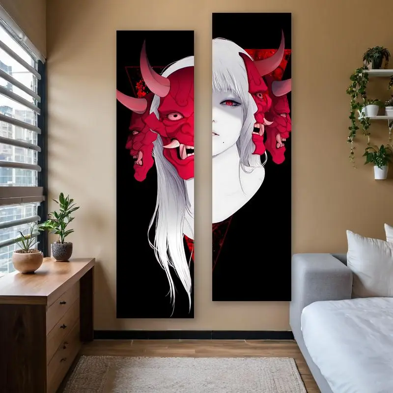 Oni Demon Pattern Wall Tapestry, Tapestry Wall Hanging, 1 Count Vertical Banner Tapestry, Anime Girl Long Narrow Wall Tapestry, Wall Decor for Bedroom Living Room, Decoration Items