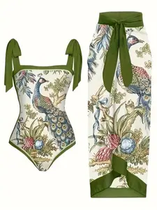 Peacock & Botanical Print 3-Piece Monokini with Sarong - Square Neck Swimsuit with Bow Tie Shoulders, Matching Chiffon Wrap Skirt with Tied Waist, Classic Peacock Floral Print with Green Trim, Stylish Vacation Swimwear Summer Vibes
