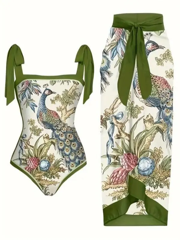 Women's Stylish & Functional Tropical 3-Piece Peacock Print Monokini Set with Chiffon Sarong - Square Neck, Bow Tie Shoulders, Tied Waist, Green Trim, Botanical Accents, Summer Vacation Sports Swimwear, Multi-Size, Stylish And Functional Design, 3-Pieces