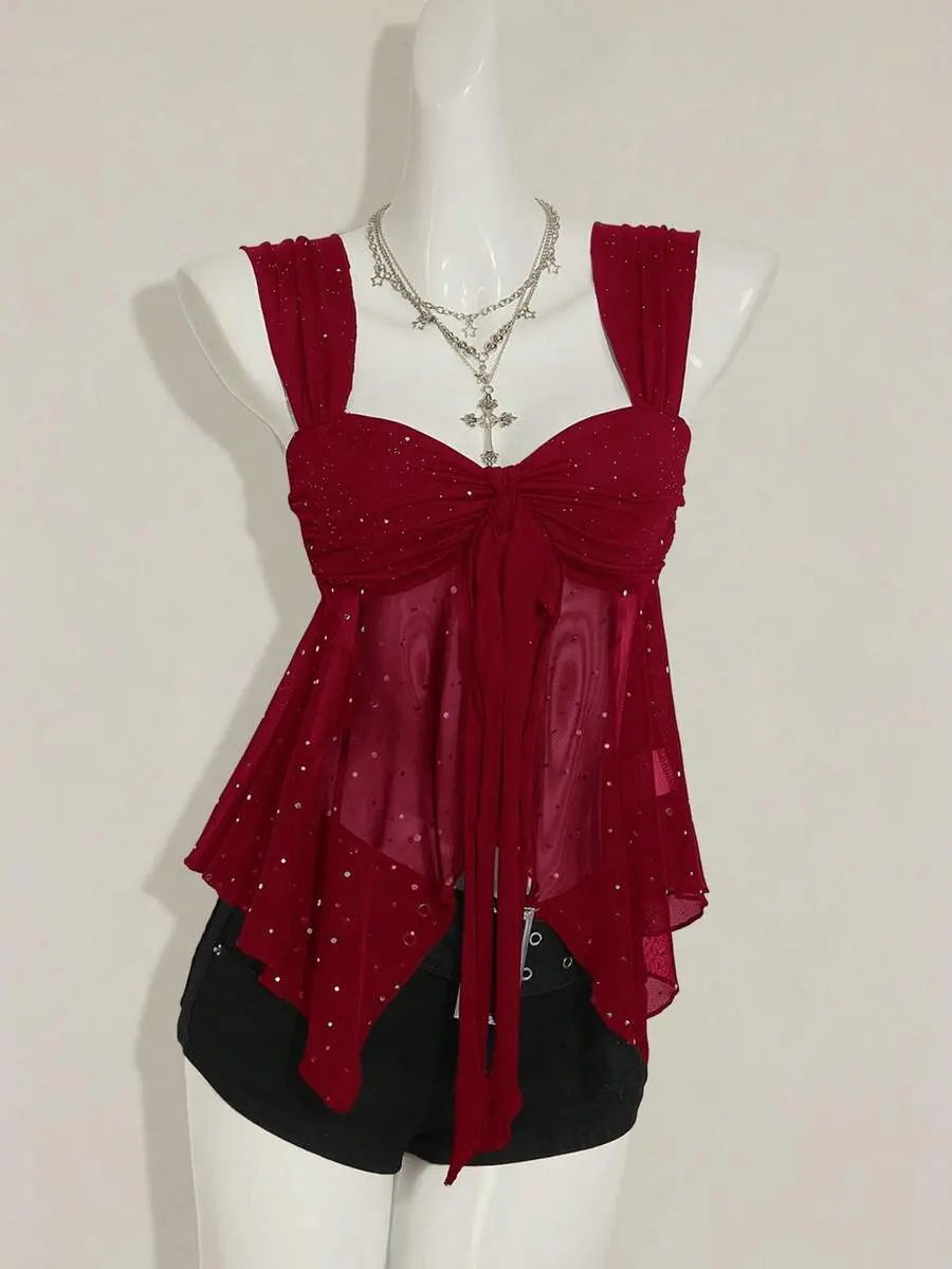 Sexy Glittery Dark Red Women's Camisole Top Tie Front Sweetheart Neck Wide Strap Asymmetrical Mesh Hem Babydoll Cami Tank Top Y2K Whimsygoth Christmas Party Clubwear Going Out Tops