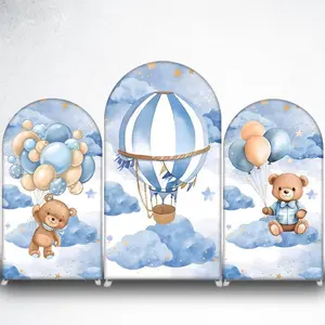 15-day 2D Flat Delivery Blue and Beige Balloons Teddy Bear Arch Backdrop Cover for Baby Shower