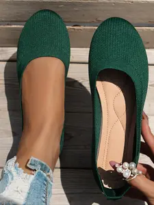 Women's Casual Knit Slip-On Flats, Round Toe Design, Fabric Upper & Lining, Comfortable All-Season Shoes, Plain Color, Soft Sole Flats