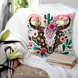 [Digital Throw Pillow] Boho Skull and Feather Pattern Throw Pillow - Vibrant Native American Style Animal Print Cushion - Ultra-Soft Polyester Fabric - Machine Washable Decor for Living Room and Bedroom - 45 × 45cm Includes Pillow Insert Zipper