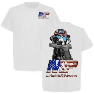 2026 Summer Men's Smith & Wesson M&P Patriotic Dog American Flag Graphic T-Shirt Funny 2A Tactical Style Tee Gift for Him Unisex Cotton Shirt USA
