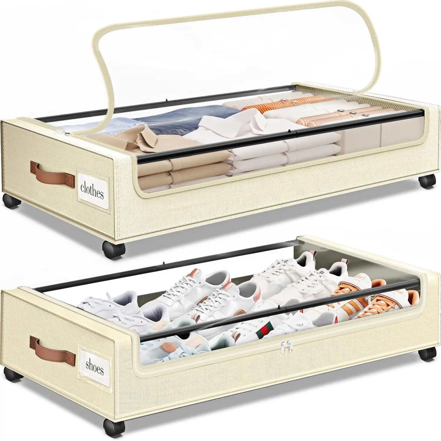 Under Bed Storage with Wheels 2Pack Underbed Storage with Clear Window&Label Under Bed Drawers Large Capacity Rolling Under Bed Storage for Clothes,Shoes, Blankets (Beige)