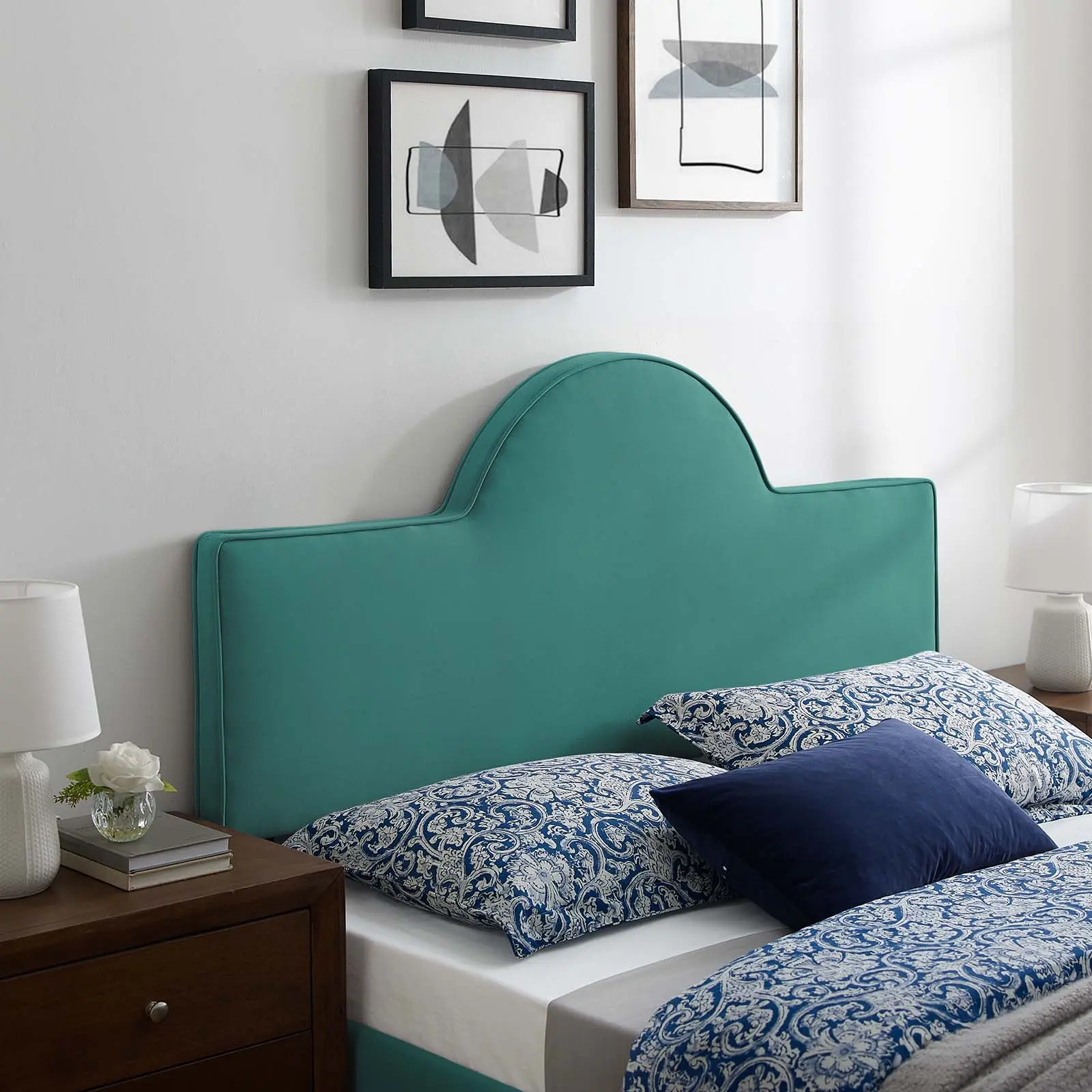 Modway Dawn Twin Adjustable Fabric-Covered Modern Soft Curved Upholstered Foam Performance Velvet Headboard, Teal, Adjustable Headboard, Fabric-Covered Headboards