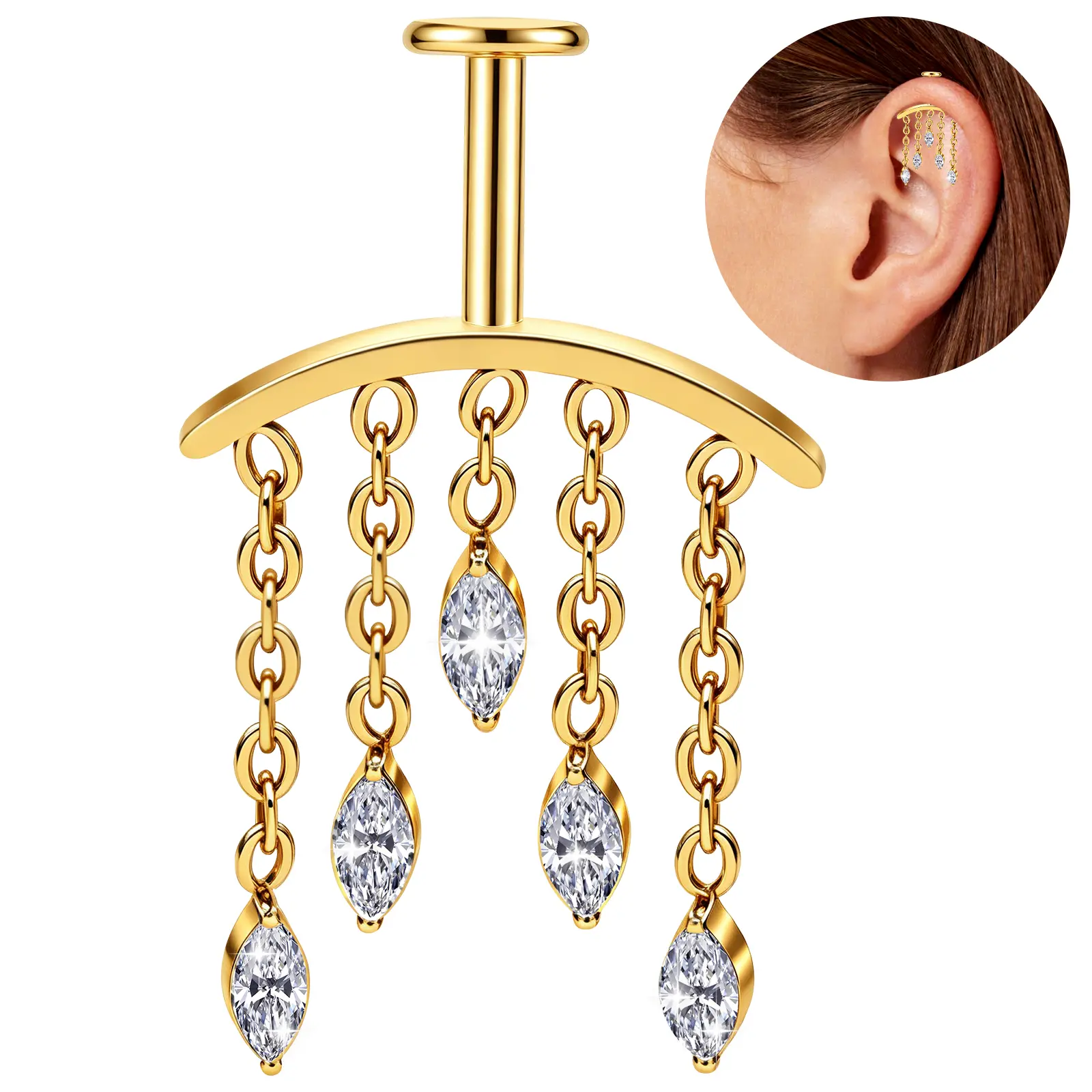 SHBESHCD Hidden Vertical Helix Piercing Jewelry 16G Titanium Chain CZ Golden Flat Back Stud Cartilage Earrings for Women Dangle Floating Helix Tragus Piercings