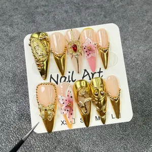 10PCS Luxury 3D Flower Long Pointed Press On Nails - Gold Handmade Fake Nails, Nude Pink Base with Gold Bows/Roses, Elegant for Formal Occasions/Holidays, Ideal Gift for Women & Girls