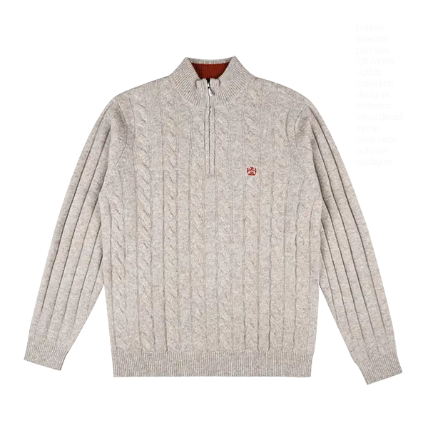 RAIDY BOER Wool Blended Cable Design Sweater with Quarter Zip High Neck Pullover Knitted Sweater for Men Classic Fit Striped Print Knit Casual