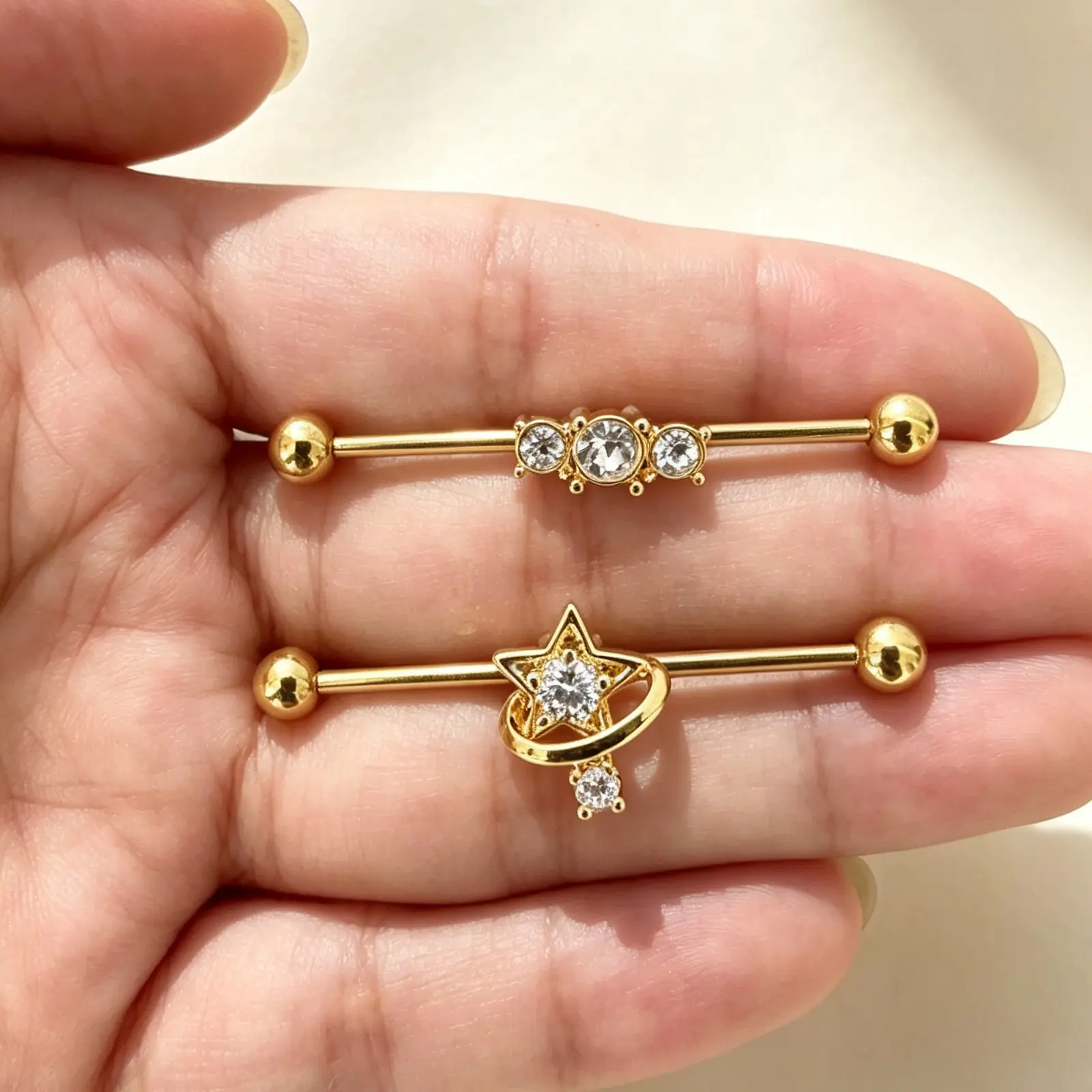 Surgical Steel 2PCS 14G Gold Industrial Barbel Star Charm