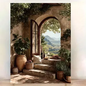 1pc Framed Canvas Painting - Ready-to-Hang Tuscan Vineyard Window Scene with Arch Window - Rustic Italian Countryside Landscape Wall Art Poster - Kitchen & Dining Room Decor - 12x16 Inch (30x40cm) - Vintage European Farmhouse Decor	