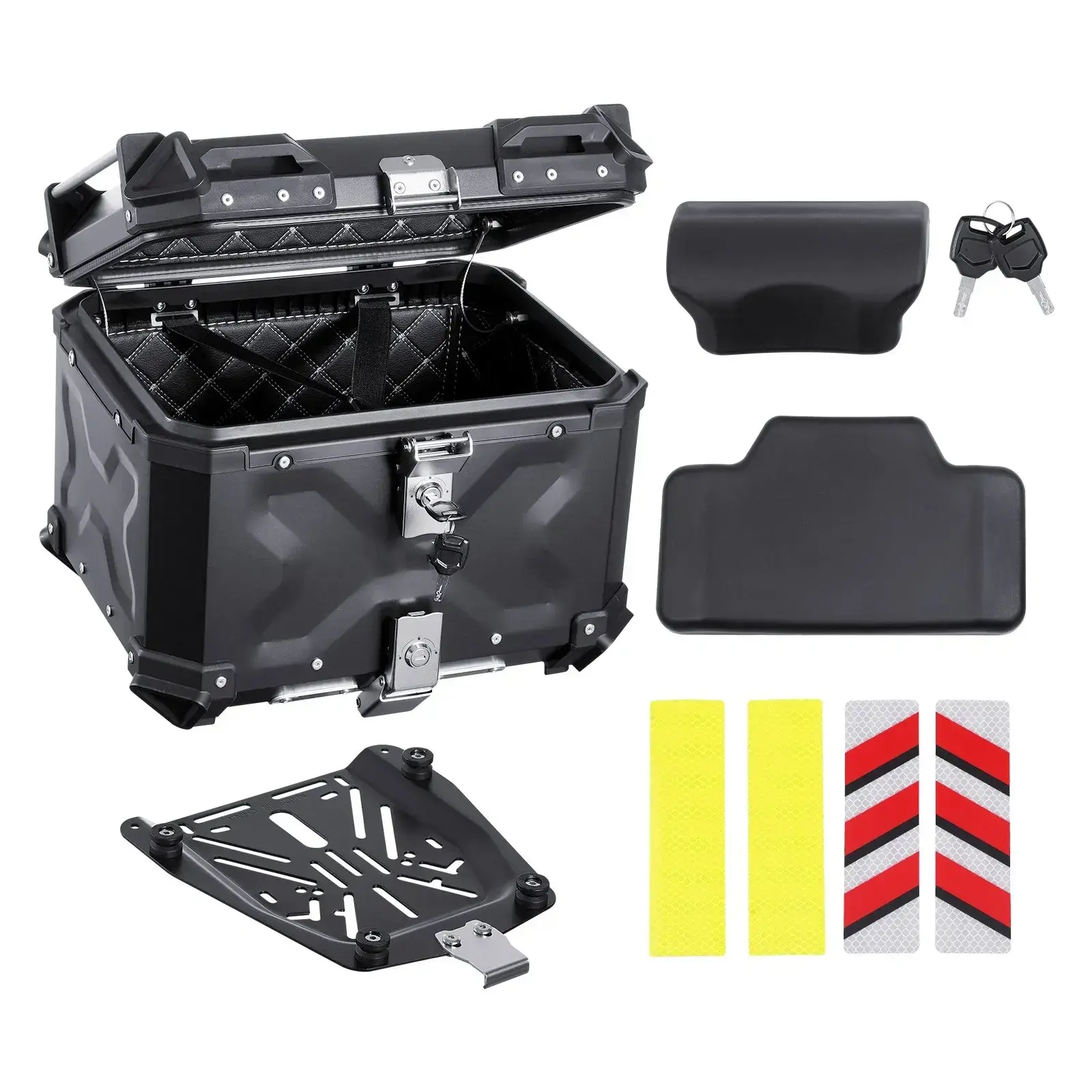 Universal Aluminum Alloy Motorcycle Top Case - Waterproof, Detachable, Lockable with Leather Lining, Back Cushion, Fits 99% of Motorcycle Frames