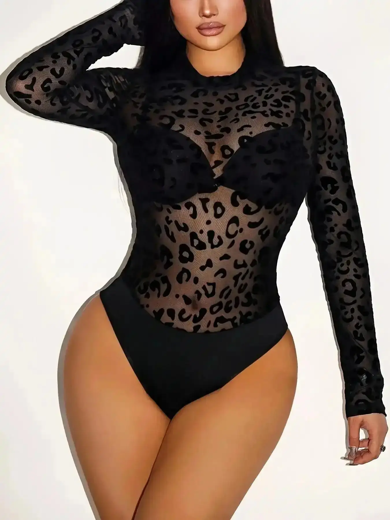 Spring Summer New Leopard Print Mesh Round Neck Long Sleeve Transparent Jumpsuit Sexy Holiday Party Women's Elegant One-Piece Pants Bodysuit casual essential everyday comfort wardrobe daily easy movement